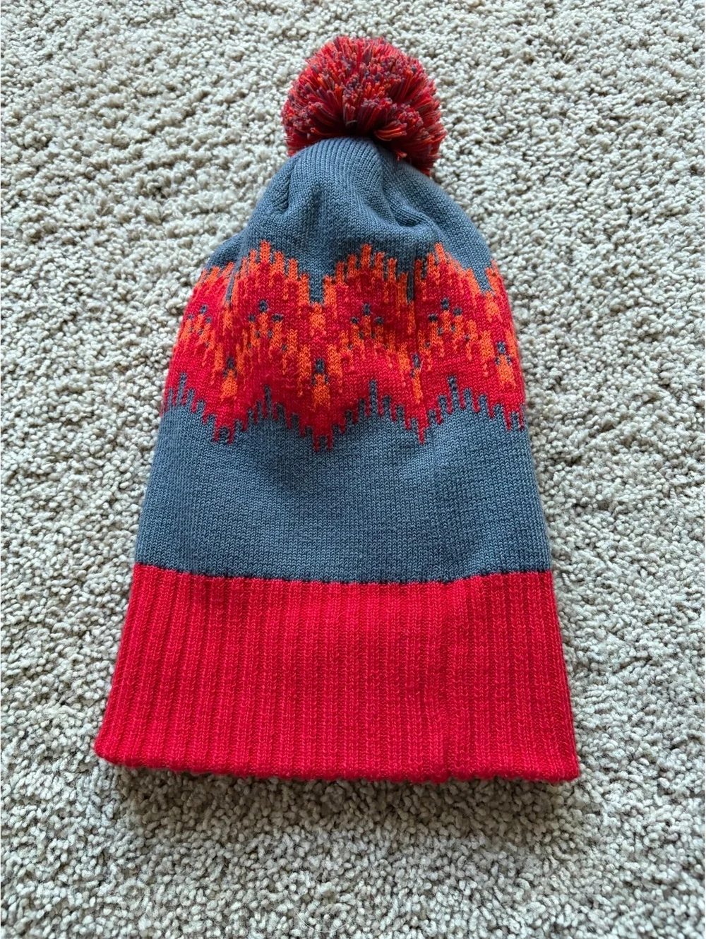 Patagonia Powder Town Beanie red grey orange ribbed cuff pom pom